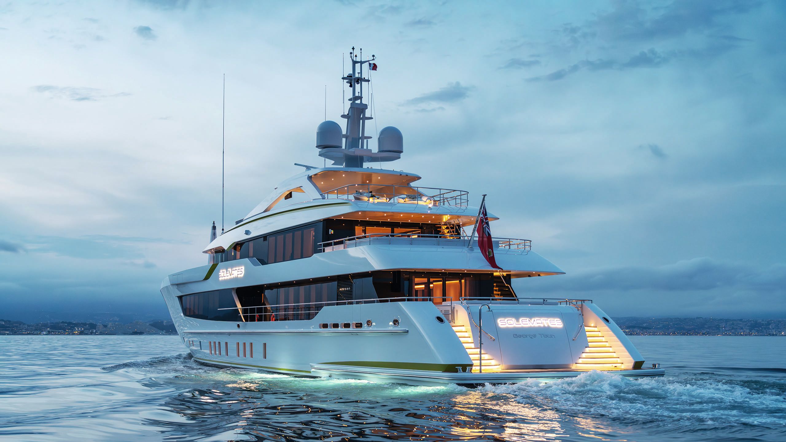 A Solemates vessel from the back on the water