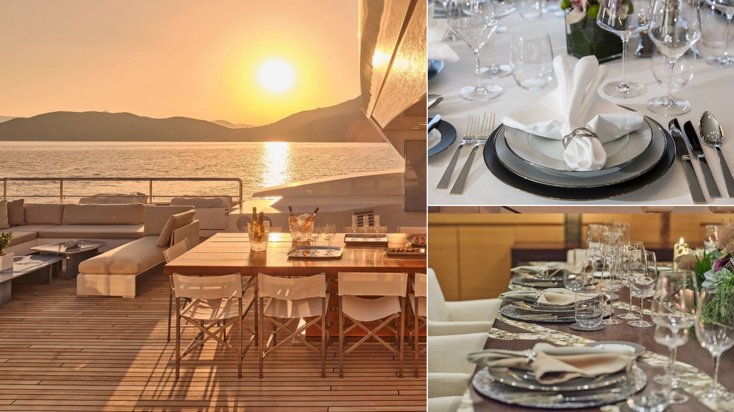 Set table on an exterior deck at sunset. An overhead view of a plate with silver service and fanned napkin. Side view of more settings with glassware