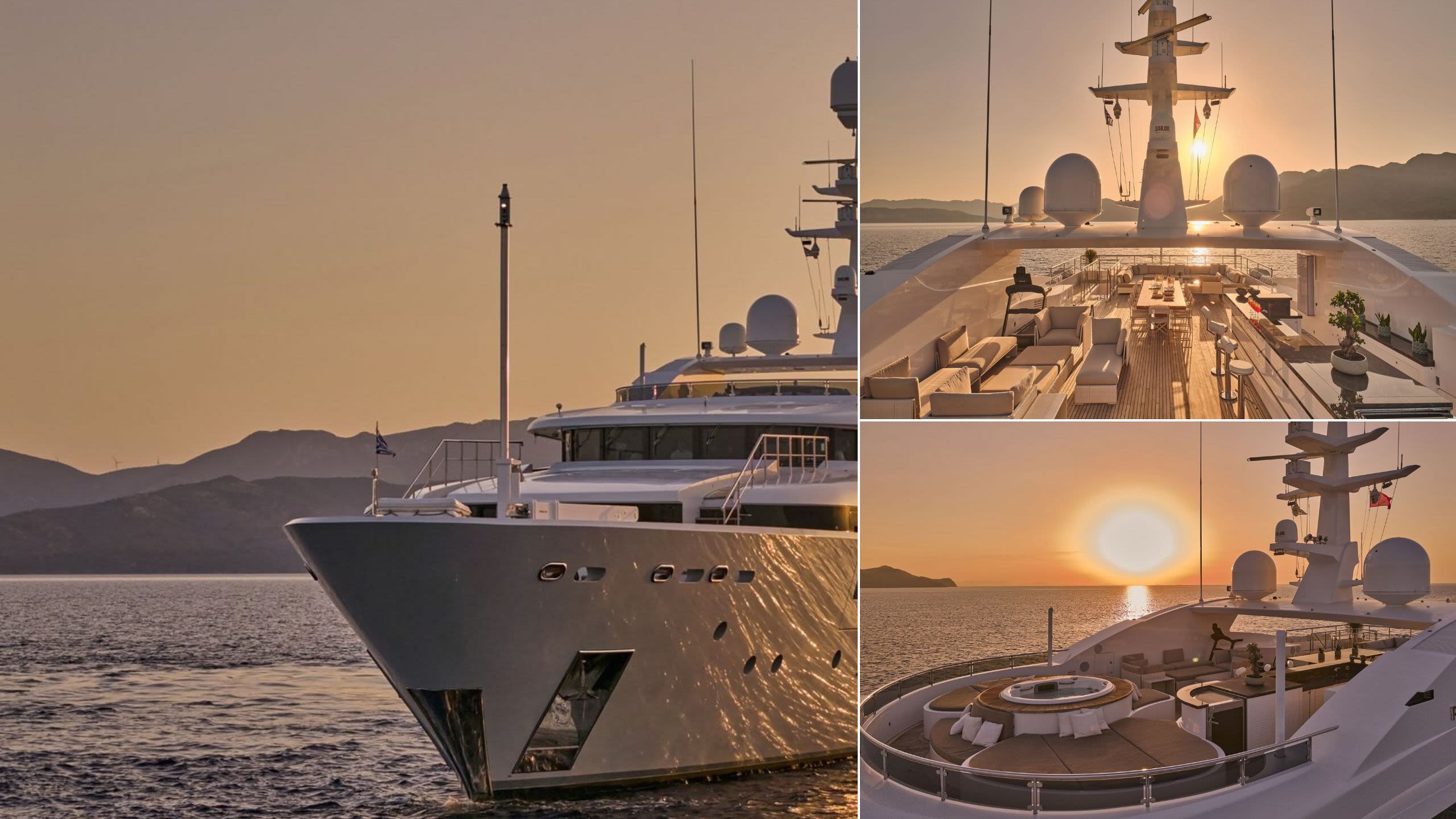 Persefoni I at sunset. The sky is dusky orange. Various views over the decks and of the hull