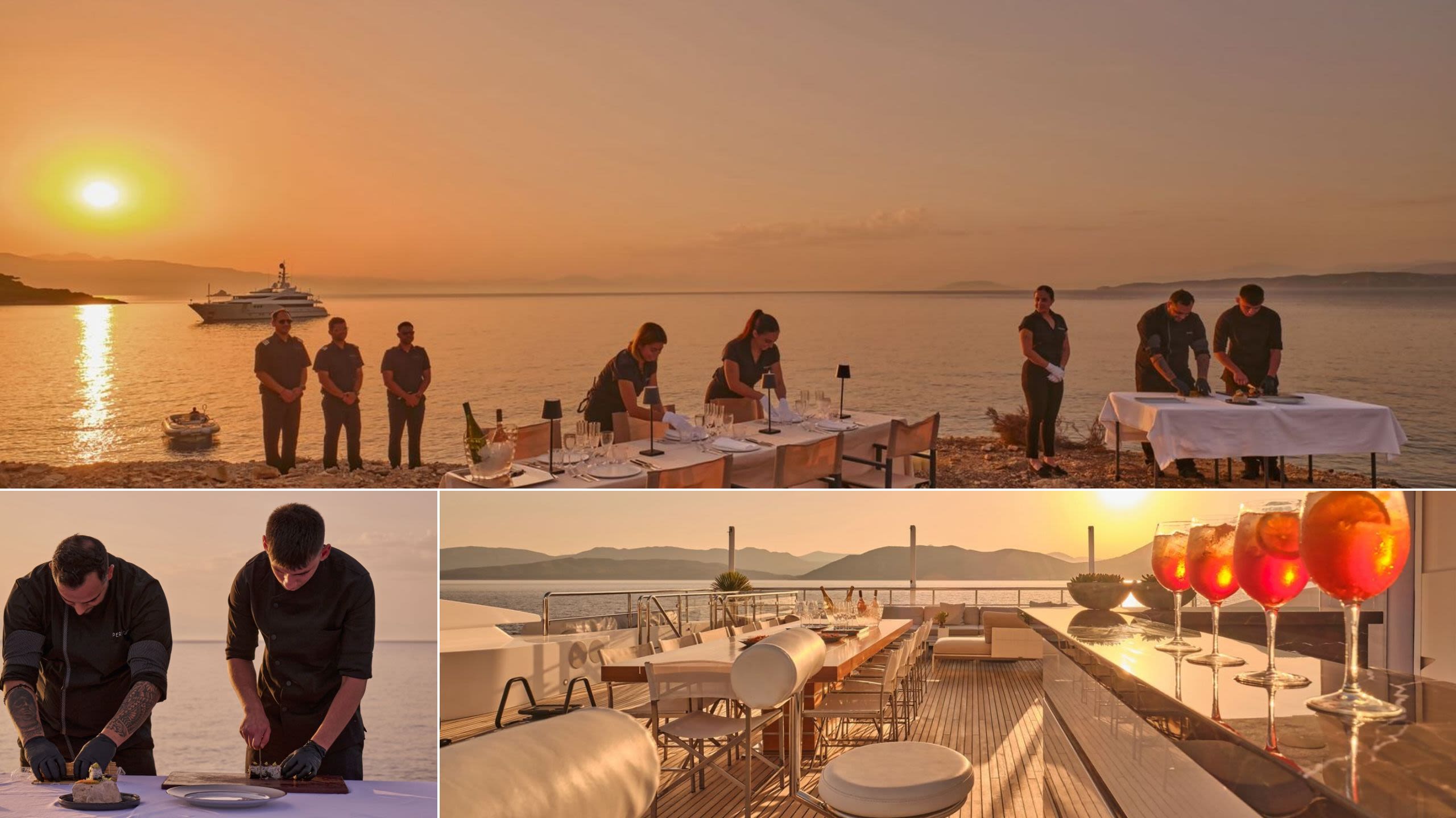 Staff setting a table with white cloth and chairs on a rocky beach. Close up of two men chopping food and four glasses of Aperol Spritz lined up on a bar counter 