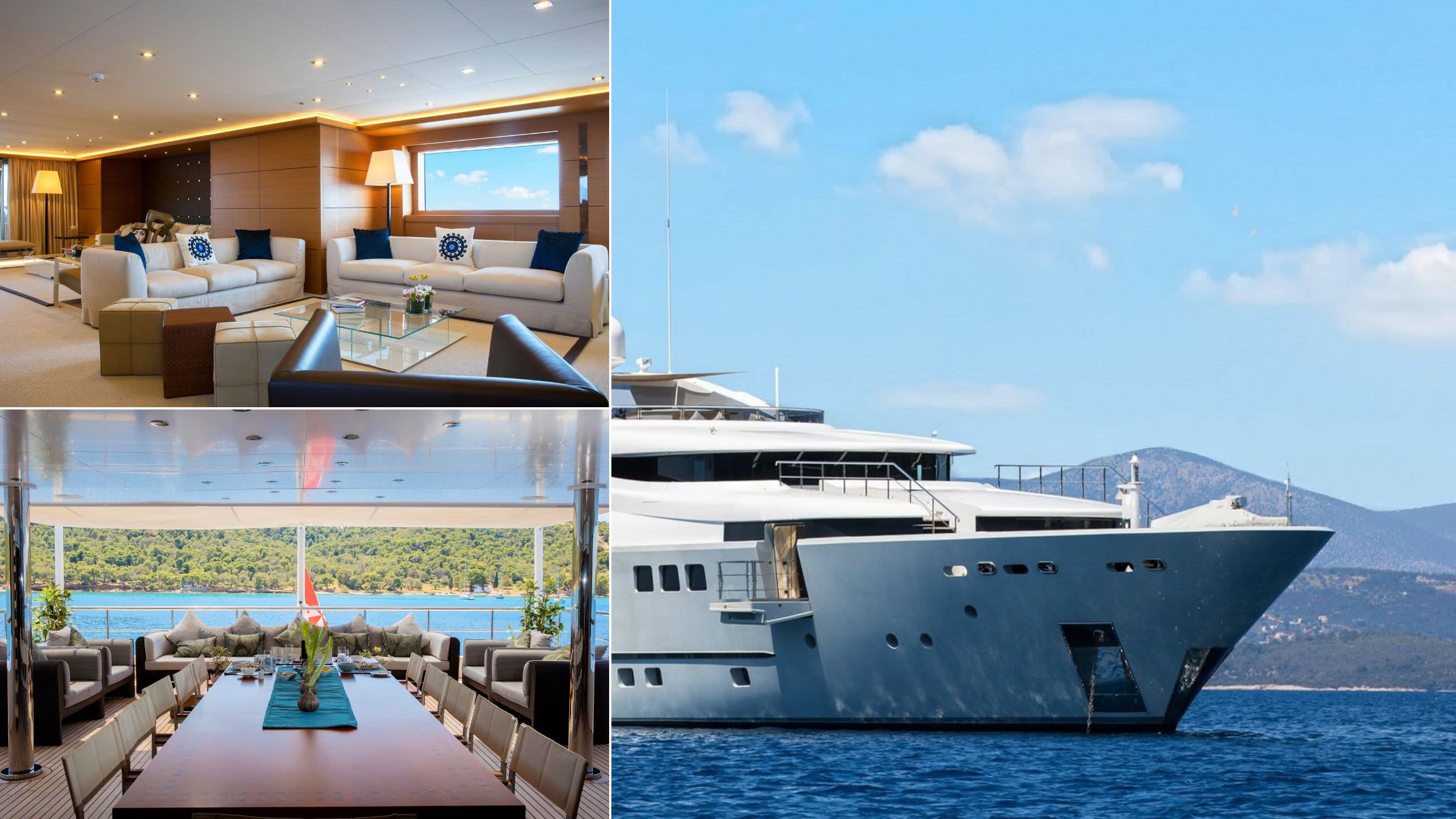 Side view of Persefoni I on the water. A covered outdoor deck with sofa, arm chairs and long dining table. Interior shot of lounge area with white sofas and blue cushions, a glass coffee table and footstools