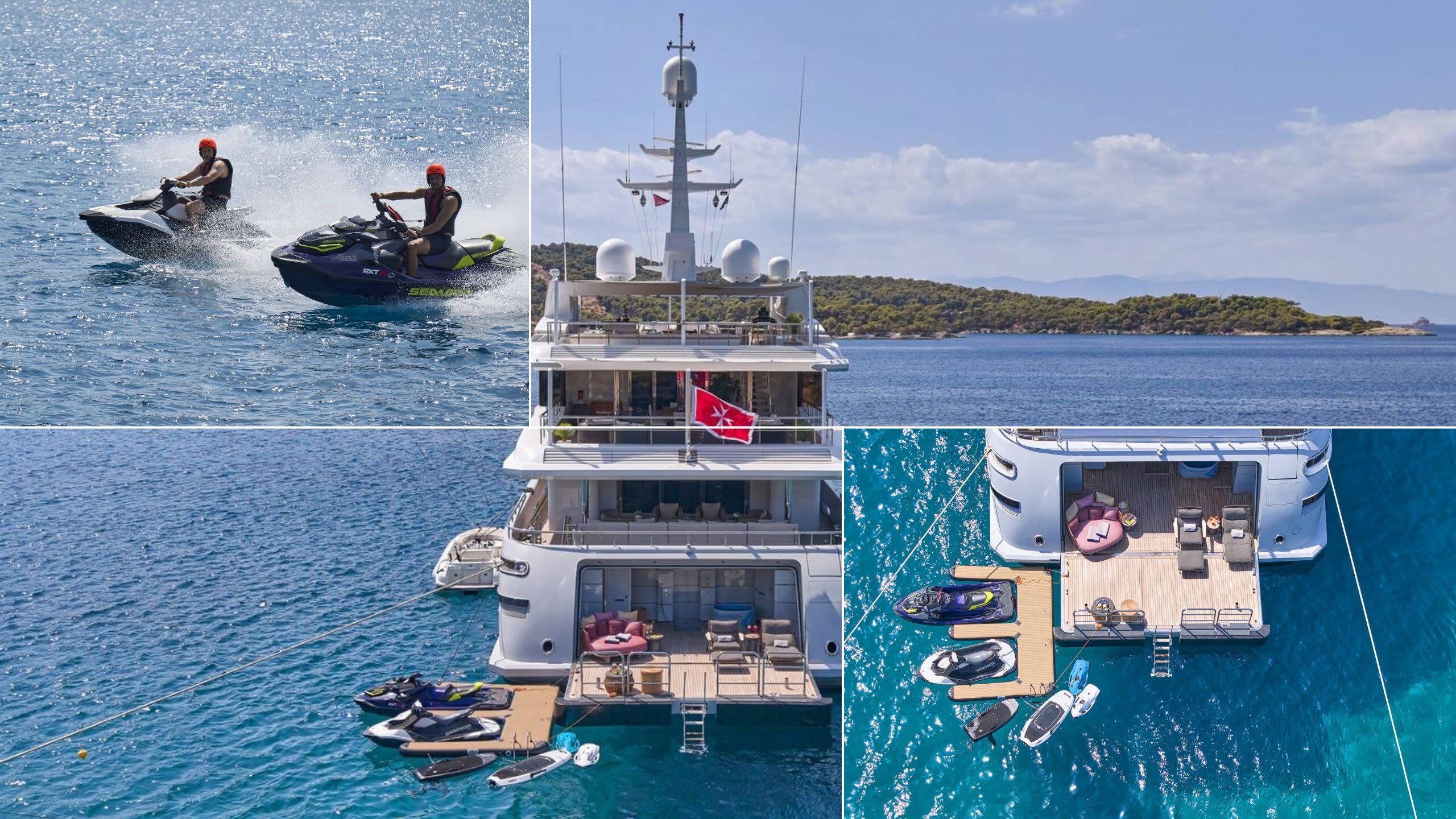 Back view of Persefoni I with water toys and a close-up of the same area. Two men drive tenders