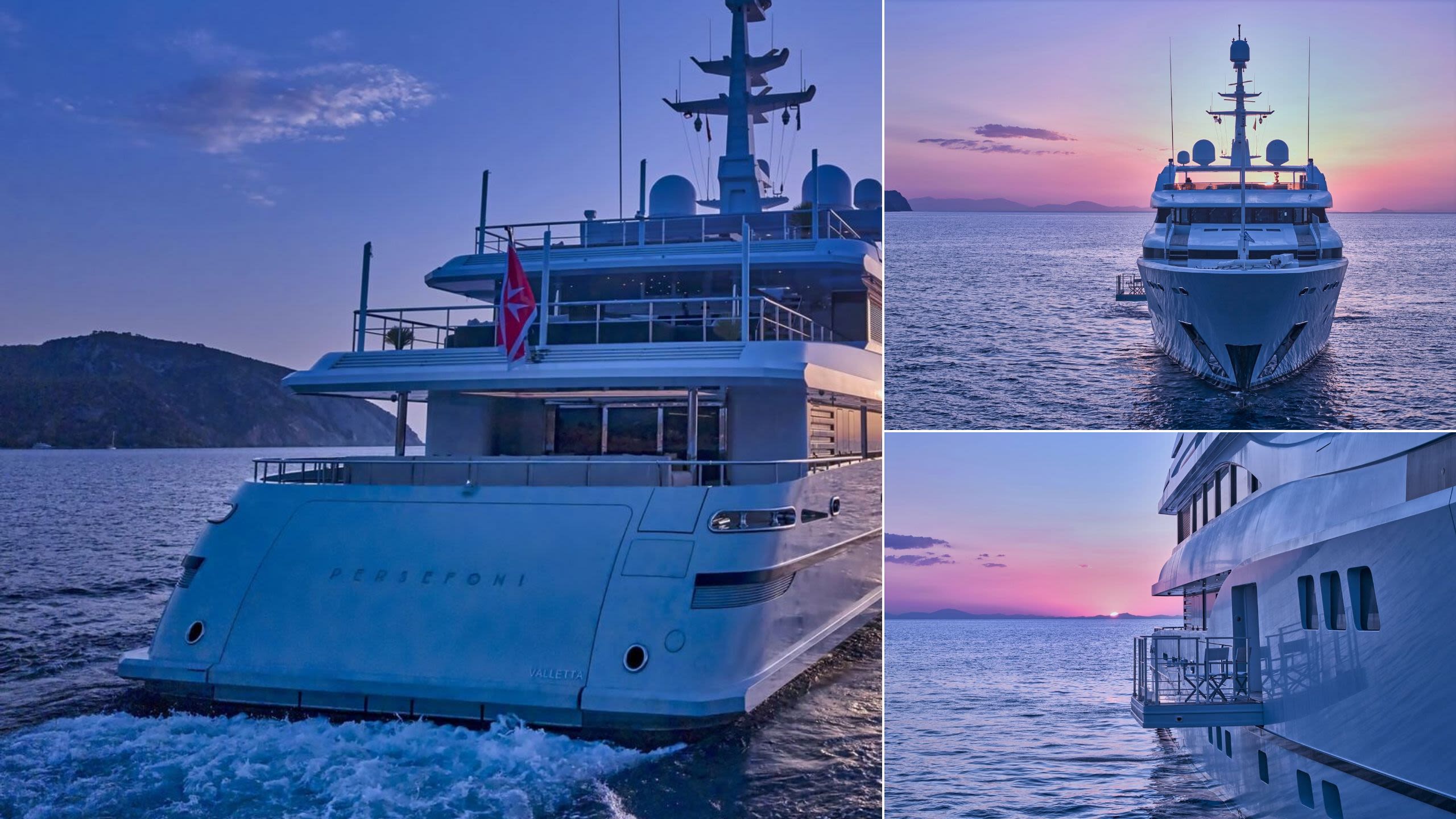 Persefoni I sailing at sunrise, with close-ups and a side view of the balcony. The sky and sea are both lilac/blue. 