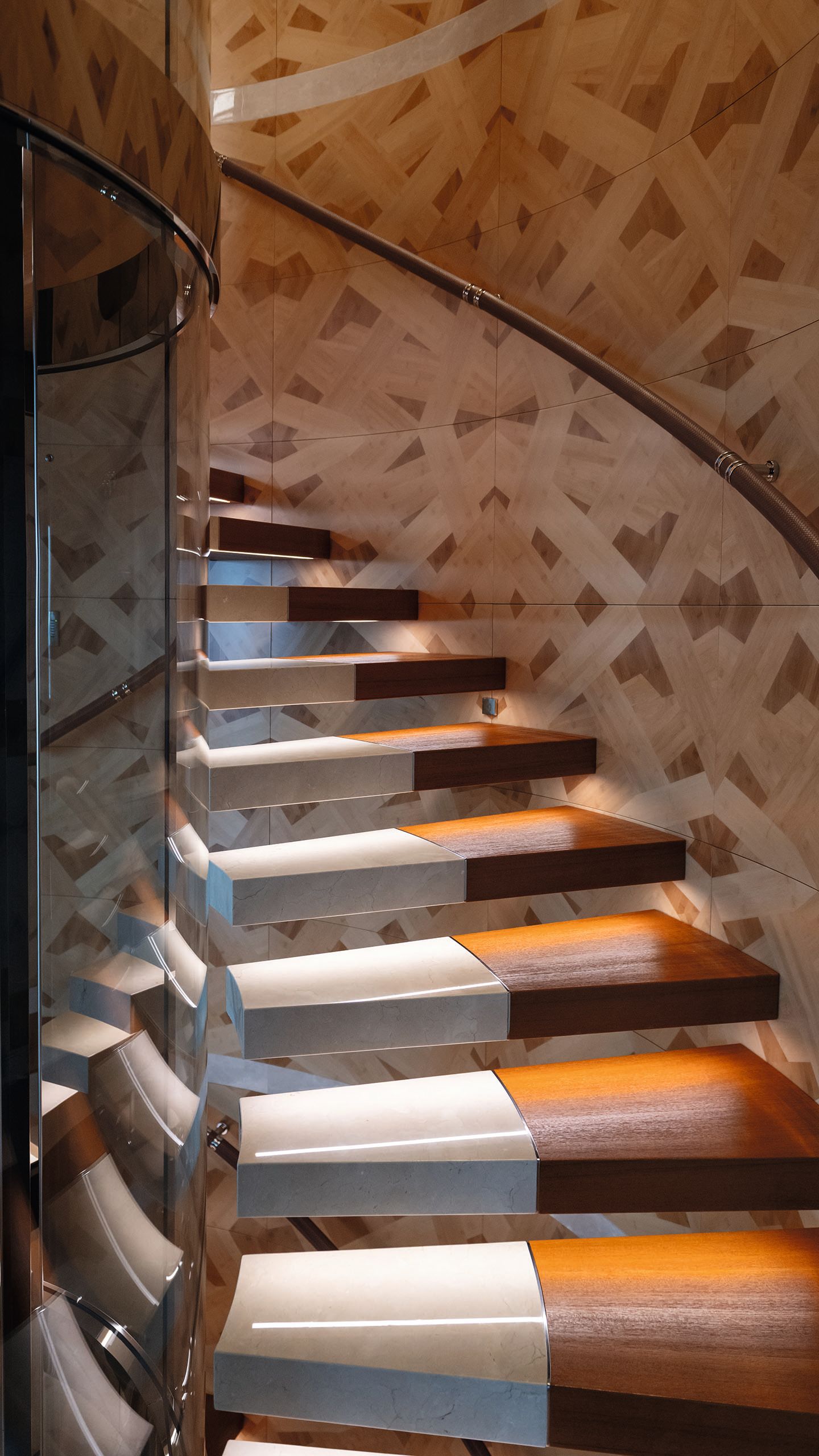 Looking up a curved staircase