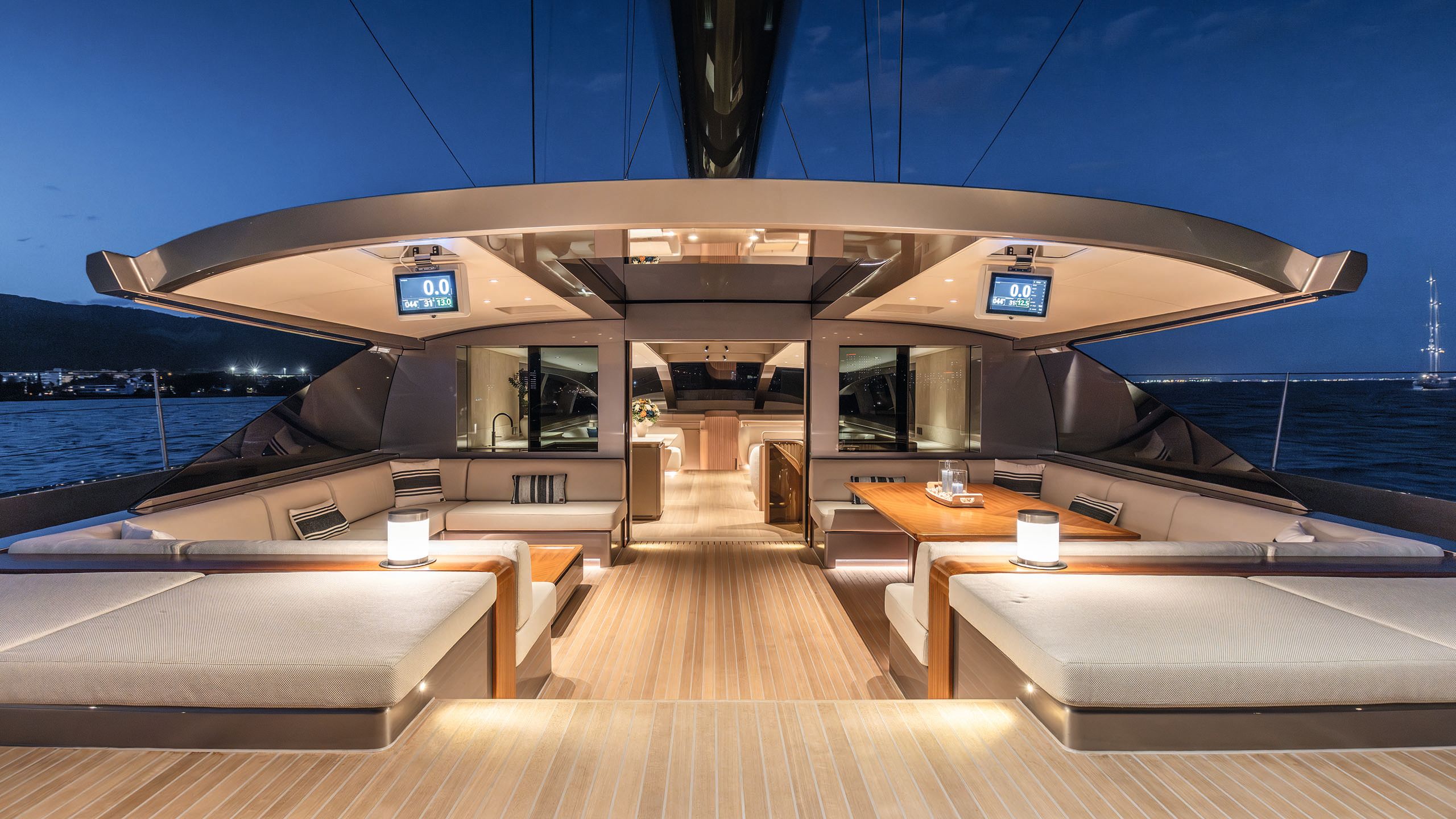 The al fresco dining area at night