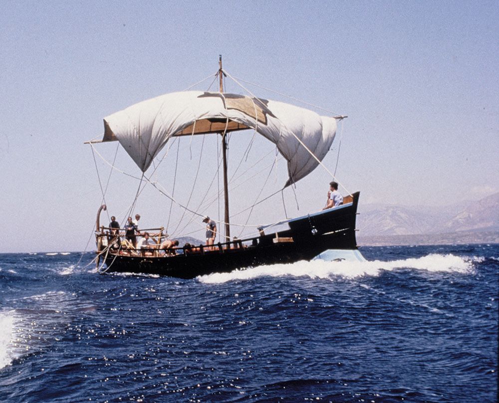 An archive colour photo of Argo, a brown wooden boat with white sails