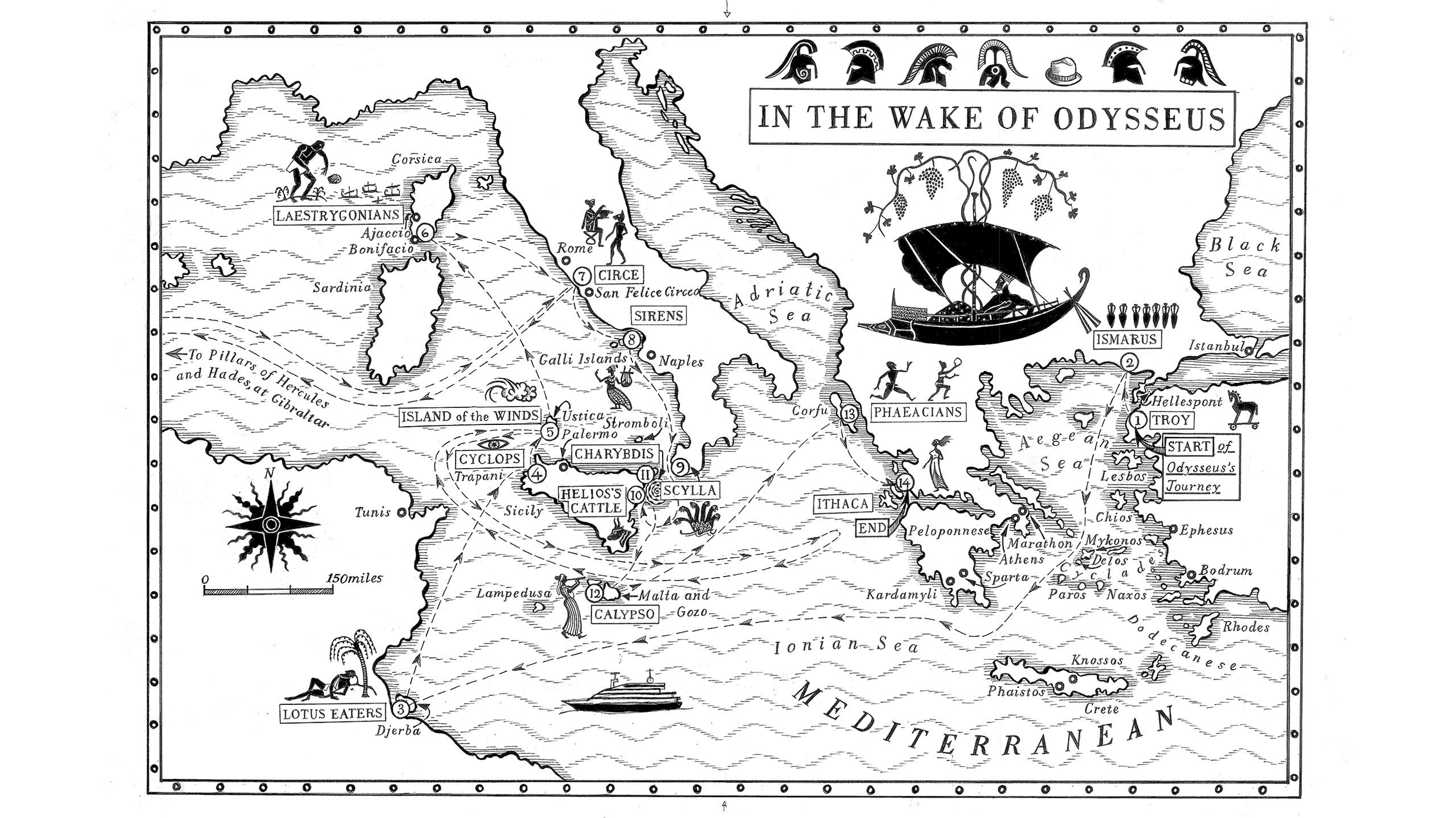 An illustrated map of Odysseus' journey