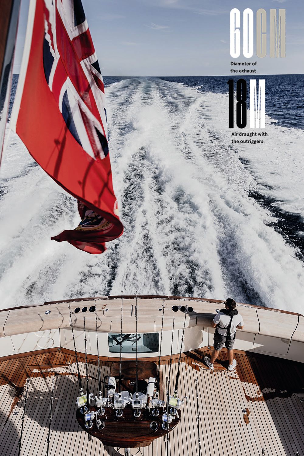 Overhead shot of one end of the boat. A person is standing on the deck looking out at the water and a flag is blurred in the foreground. 