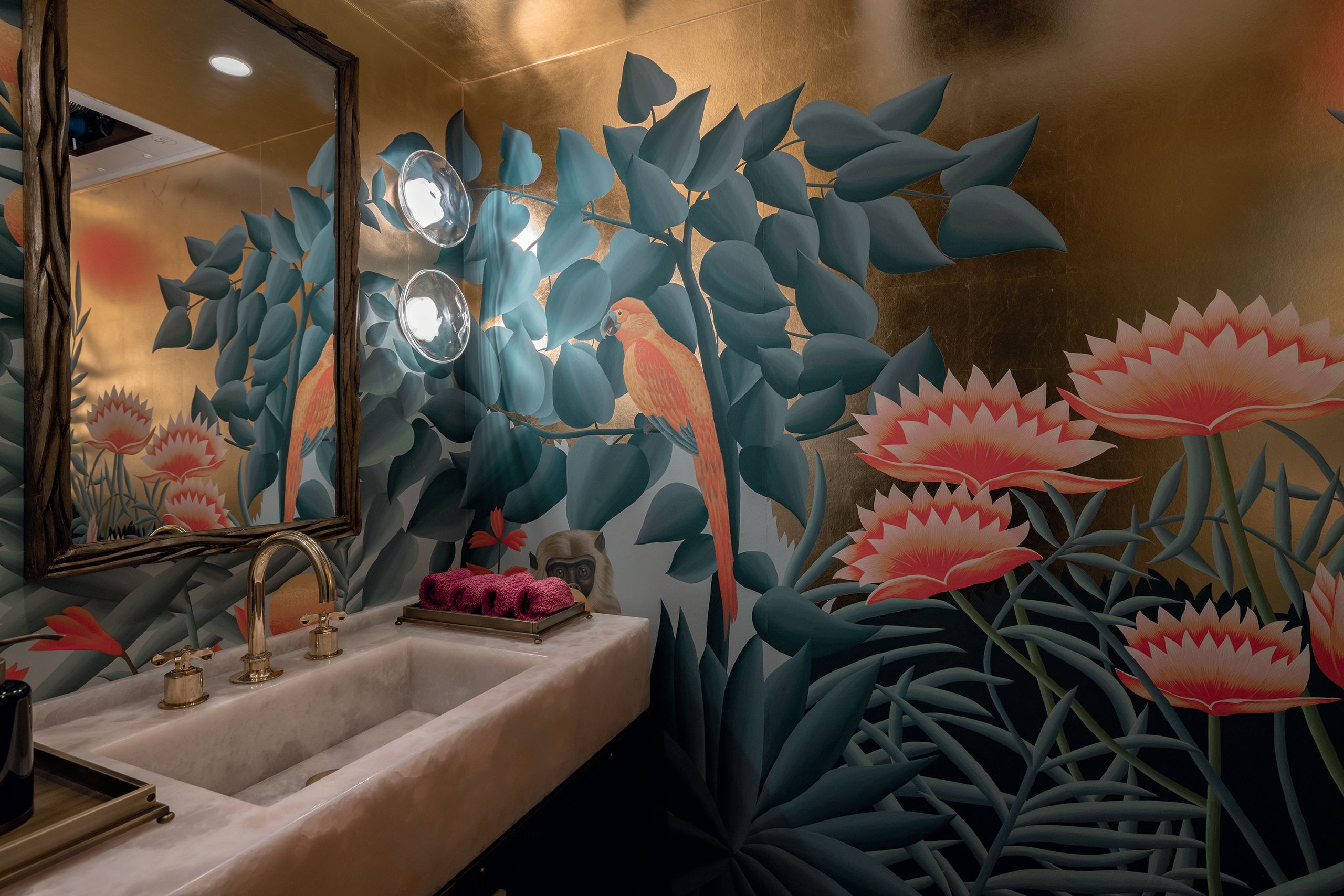 Bathroom wallpaper with bird, flowers and leaves