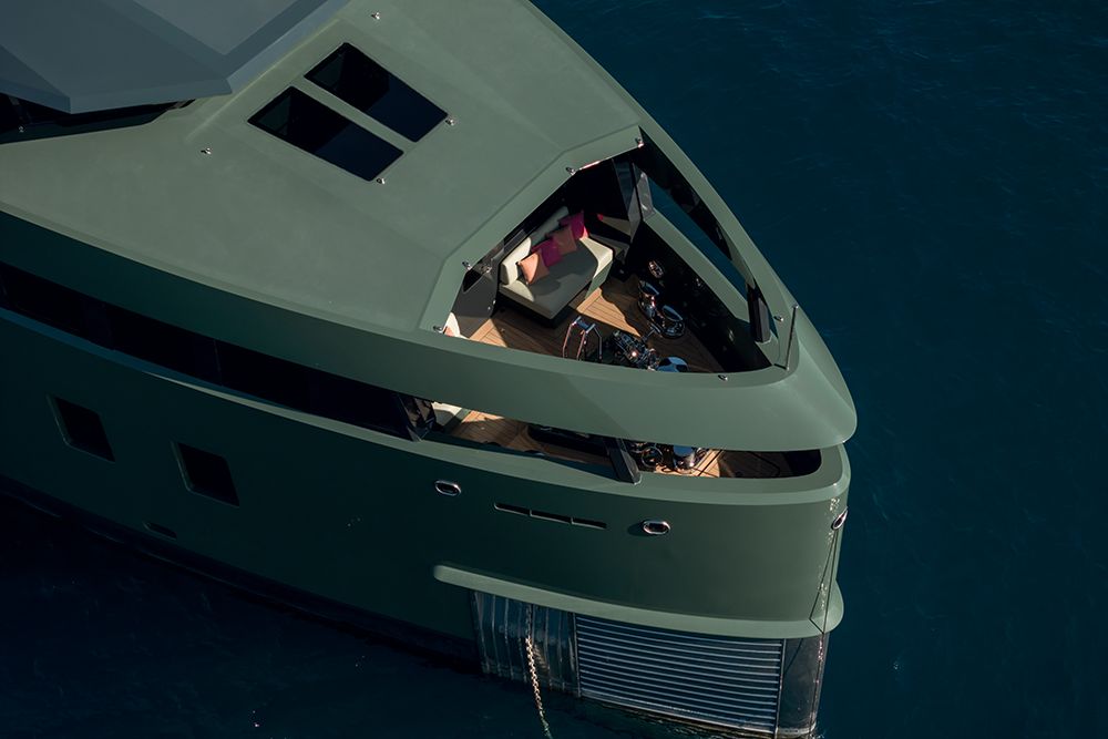 View of boat's striking green exterior