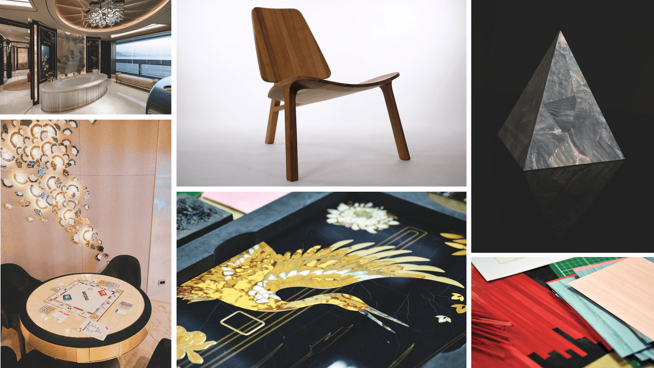 A composite image: The Silverlining team's panels in situ in the owner’s en suite, Eva Mechler's chair for the 35m Pendennis Fox, one of this years trophies, materials on a workbench, the award- winning panels by the Silverlining team and Poppy Pawsey's games table for Kismet