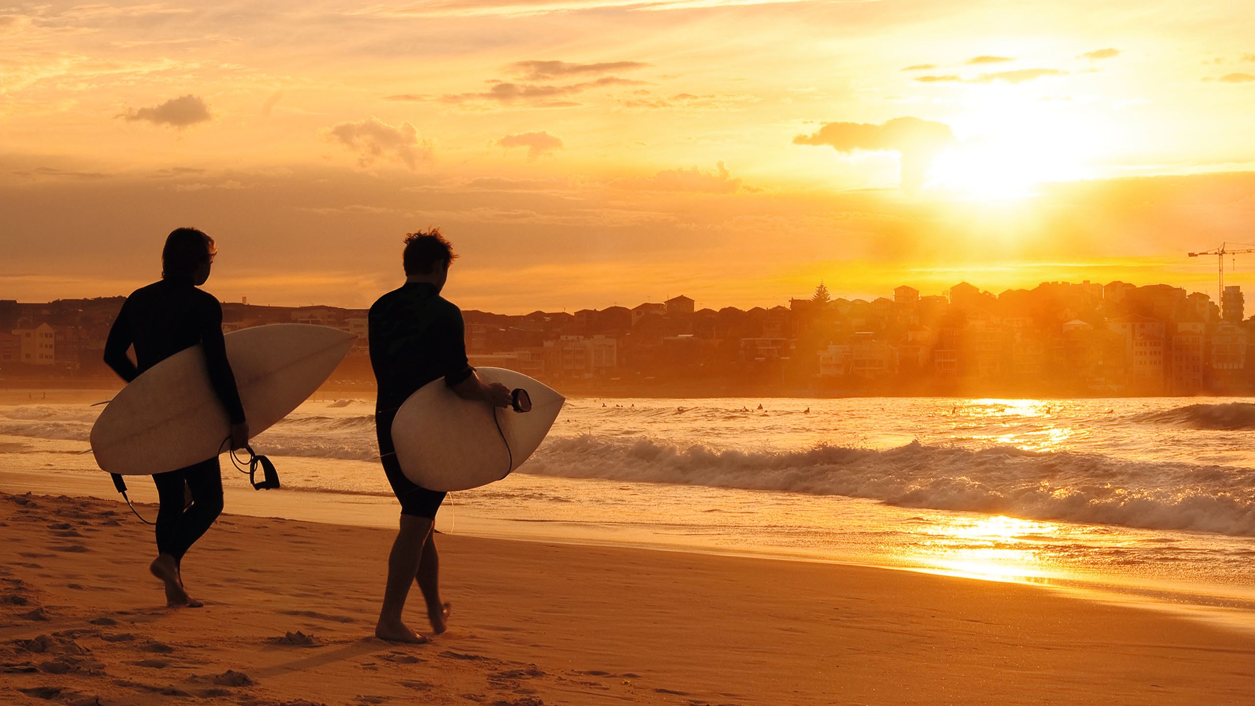 Two surfers with their back to the camera with boards under their arms, walking towards the shore at sunset